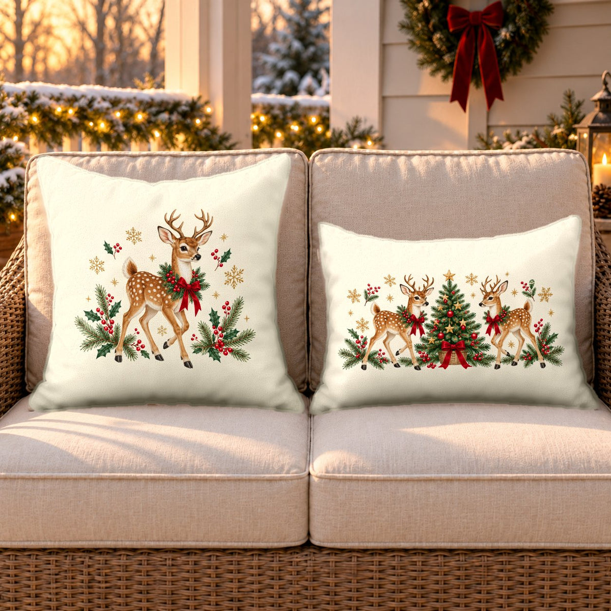 Cream Christmas reindeer outdoor pillow and outdoor lumbar pillow styled together as a set on a wicker loveseat for Christmas