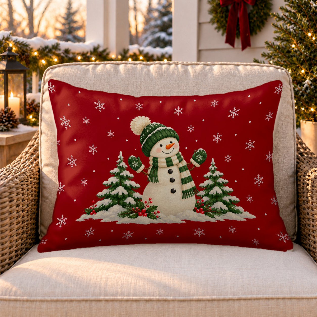 Red Christmas snowman outdoor lumbar pillow on a rattan chair on a snowy Christmas porch