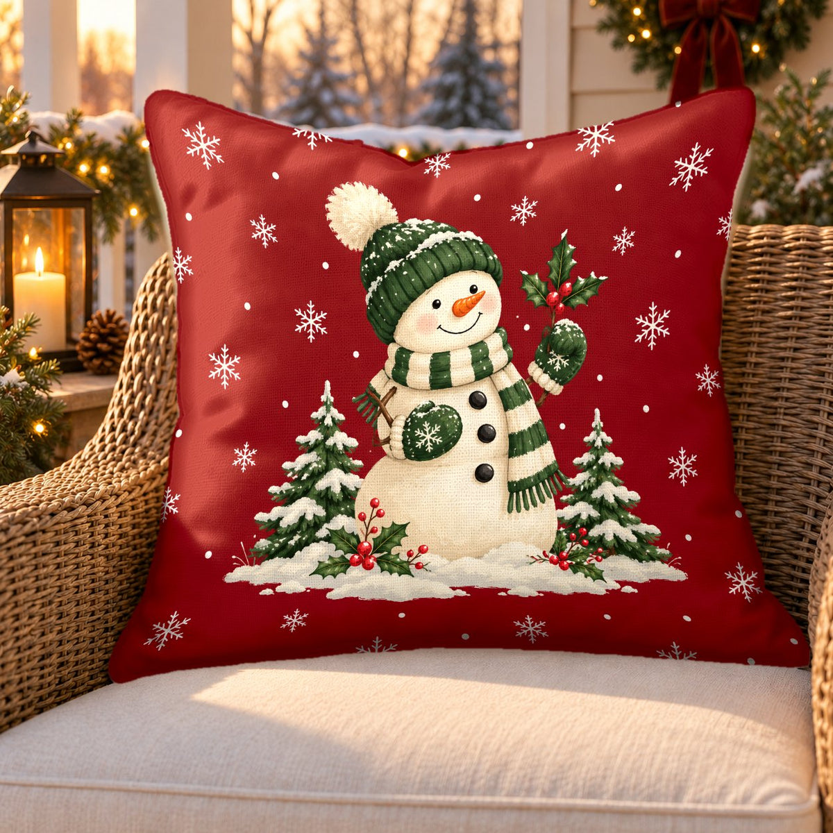 Red Christmas snowman outdoor pillow on a rattan chair on a snowy Christmas porch