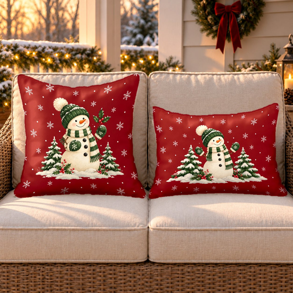 Red Christmas snowman outdoor pillow and outdoor lumbar pillow styled together as a set on a wicker loveseat for Christmas