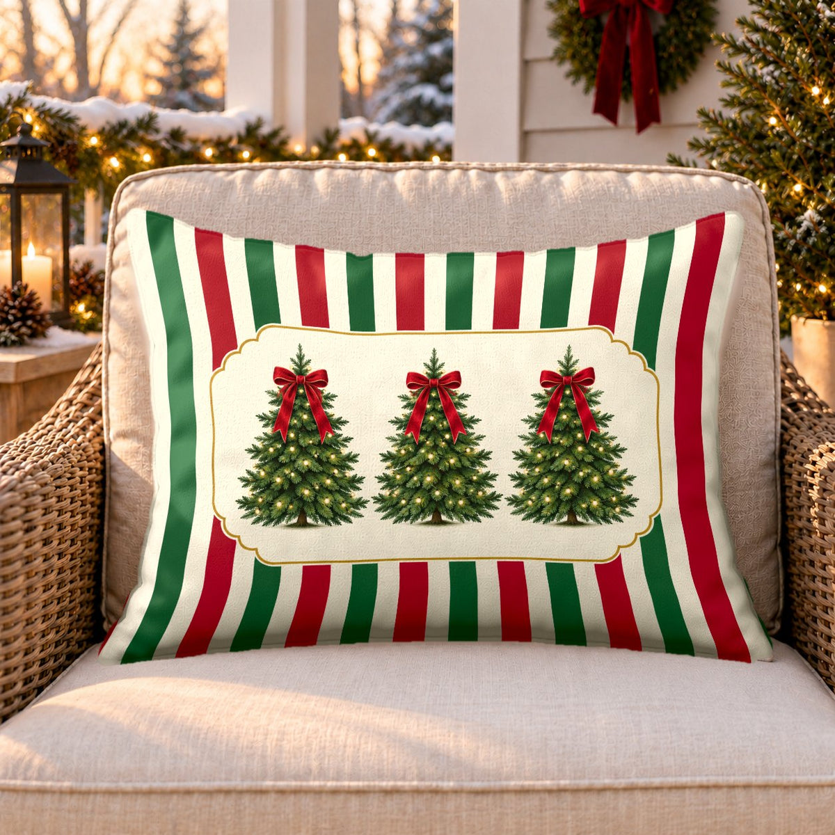 Red stripe Christmas tree outdoor lumbar pillow on a rattan chair on a snowy Christmas porch