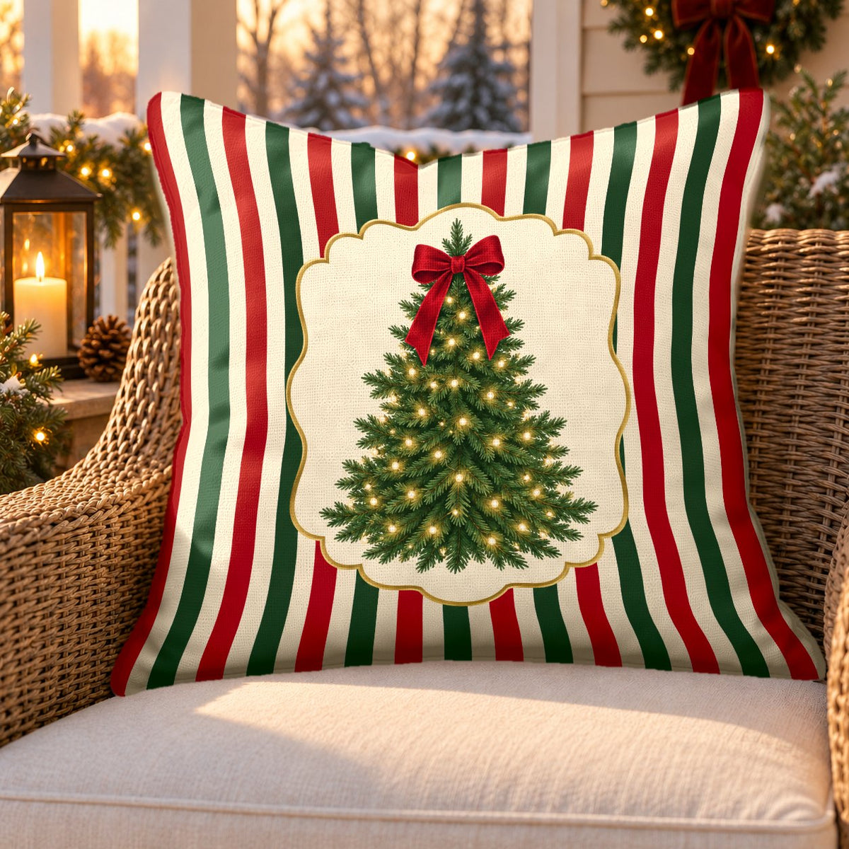 Red stripe Christmas tree outdoor pillow on a rattan chair on a snowy Christmas porch