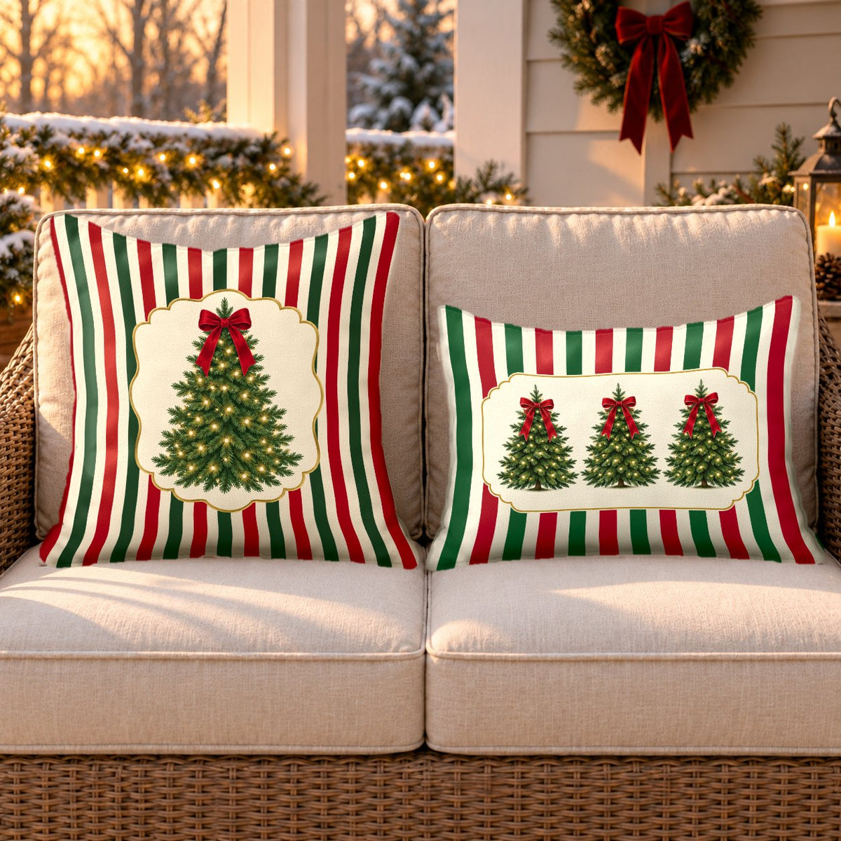 Red stripe Christmas tree outdoor pillow and outdoor lumbar pillow styled together as a set on a wicker loveseat for Christmas