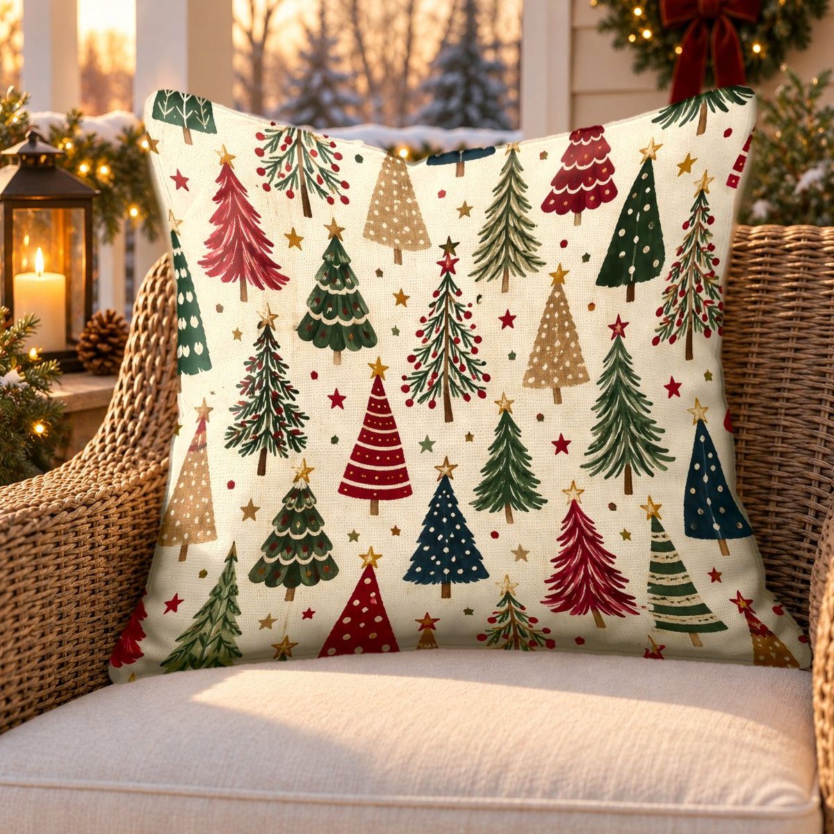 Cream Christmas trees outdoor pillow on a rattan chair on a snowy Christmas porch