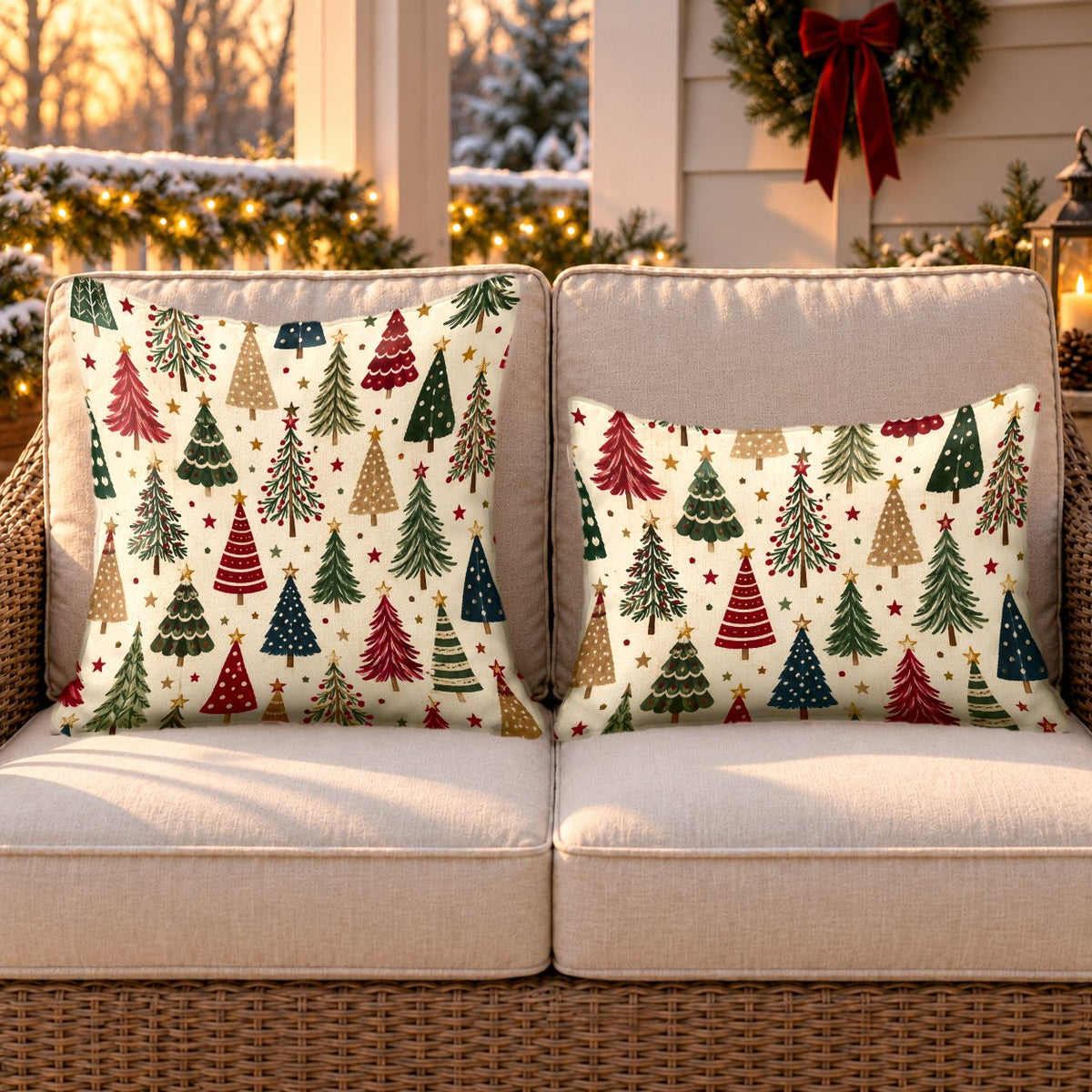 Cream Christmas trees outdoor pillow and outdoor lumbar pillow styled together as a set on a wicker loveseat for Christmas