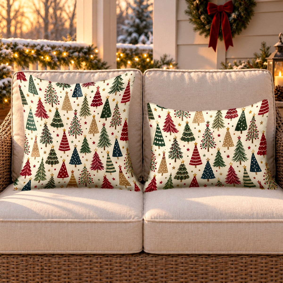 Cream Christmas trees outdoor pillow and outdoor lumbar pillow styled together as a set on a wicker loveseat for Christmas