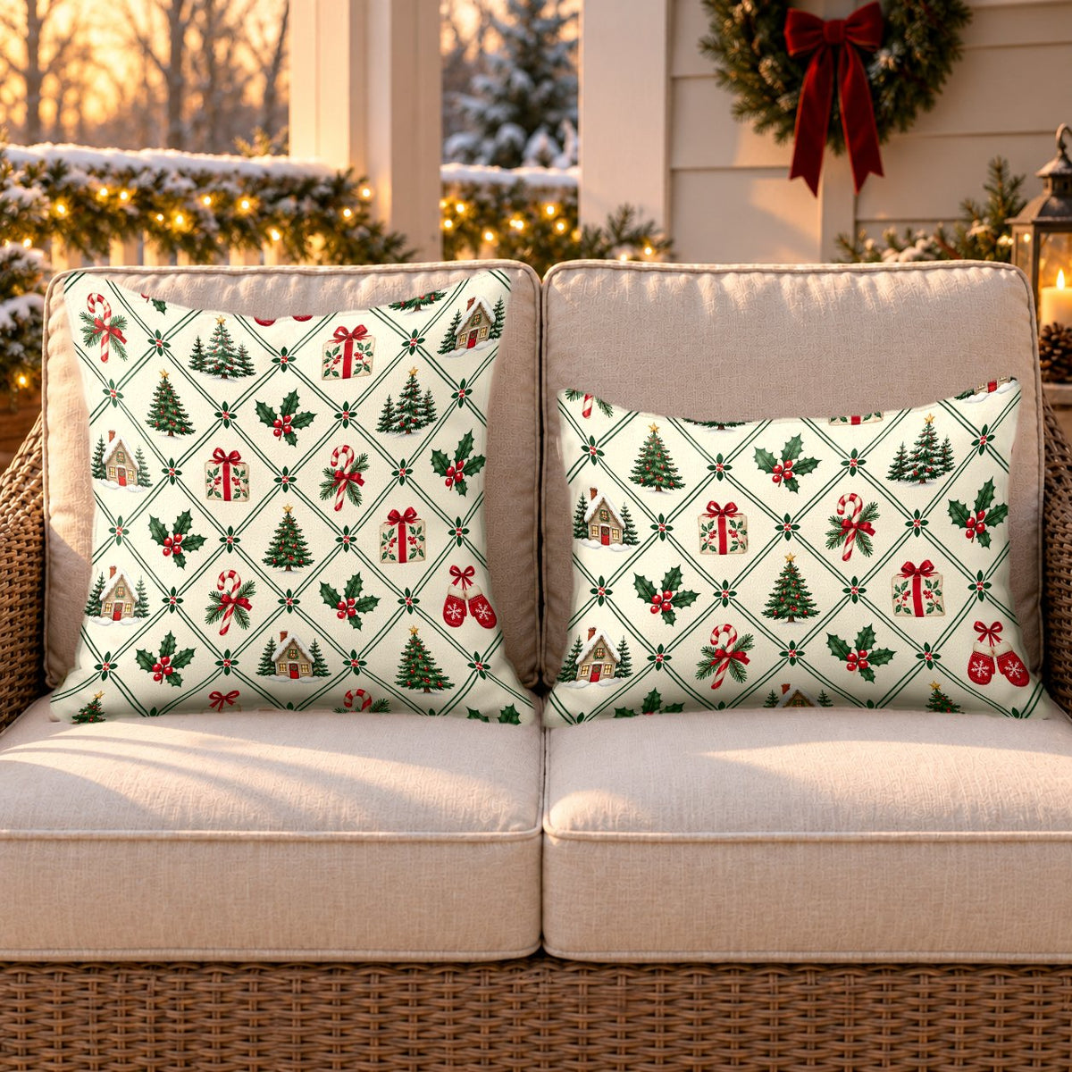 Cream Christmas village outdoor pillow and outdoor lumbar pillow styled together as a set on a wicker loveseat for Christmas