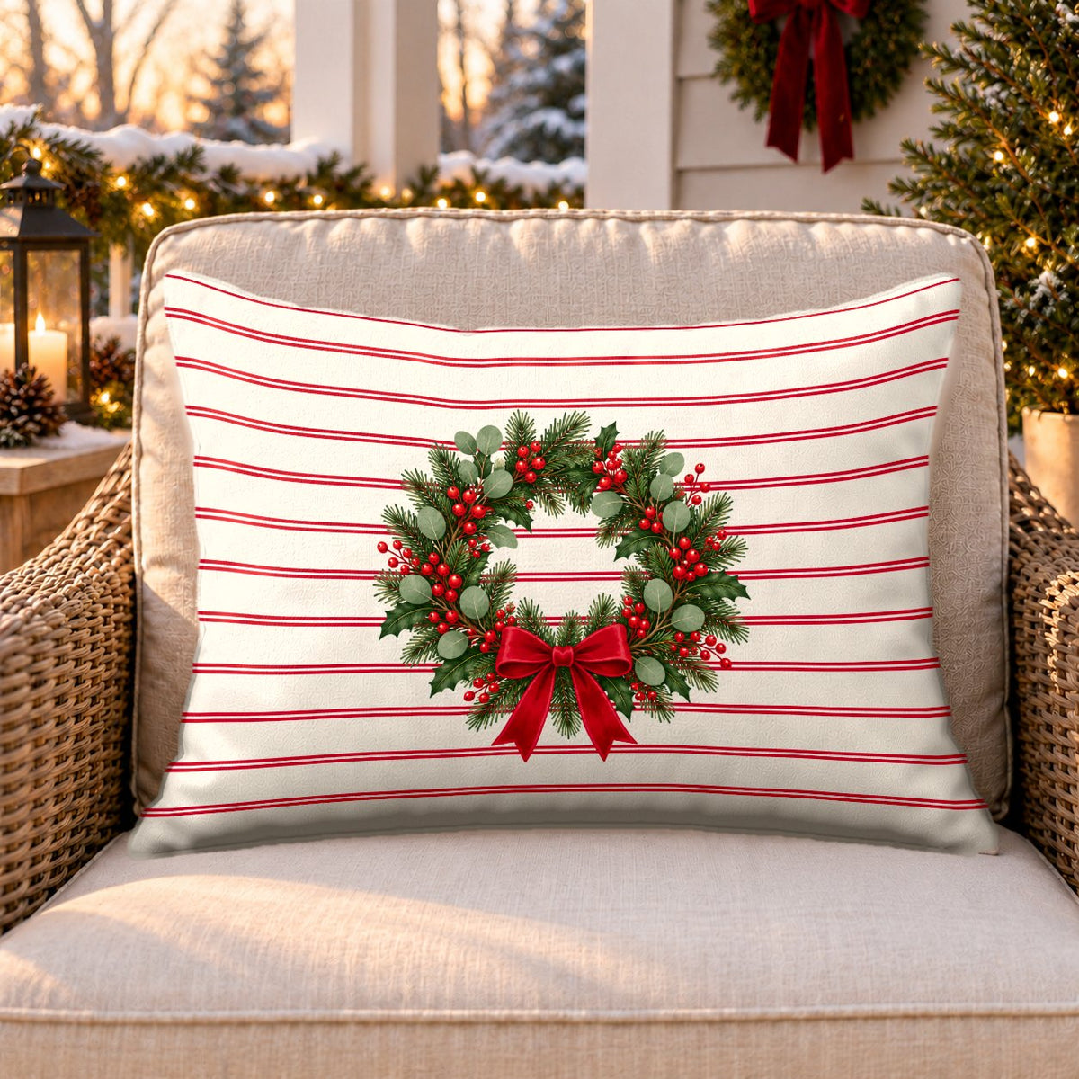 Red pinstripe Christmas wreath outdoor lumbar pillow on a rattan chair on a snowy Christmas porch