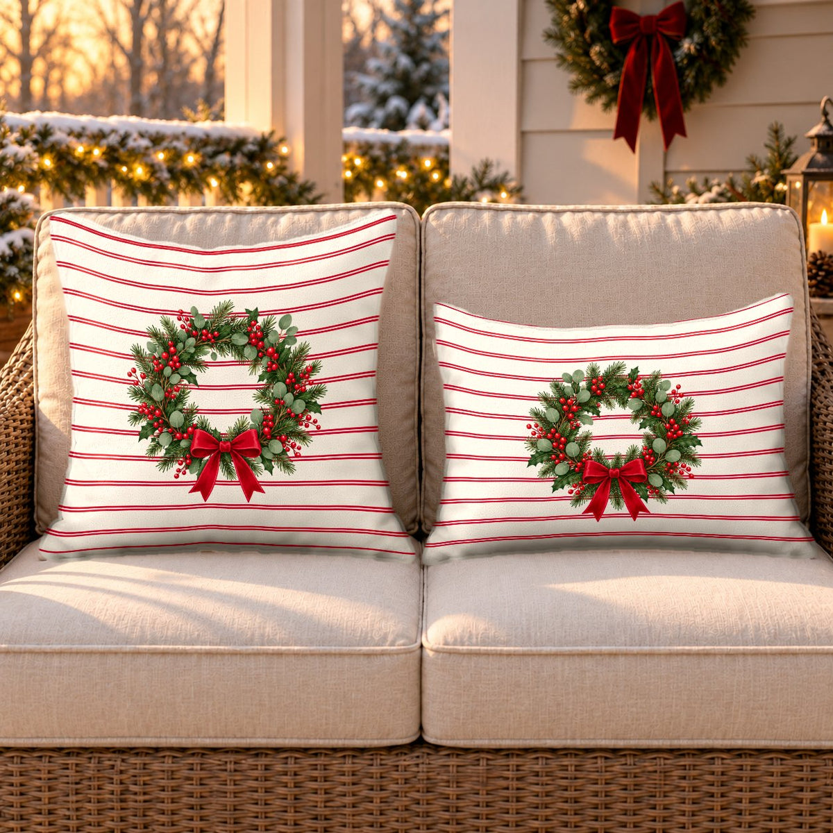 Red pinstripe Christmas wreath outdoor pillow and outdoor lumbar pillow styled together as a set on a wicker loveseat for Christmas