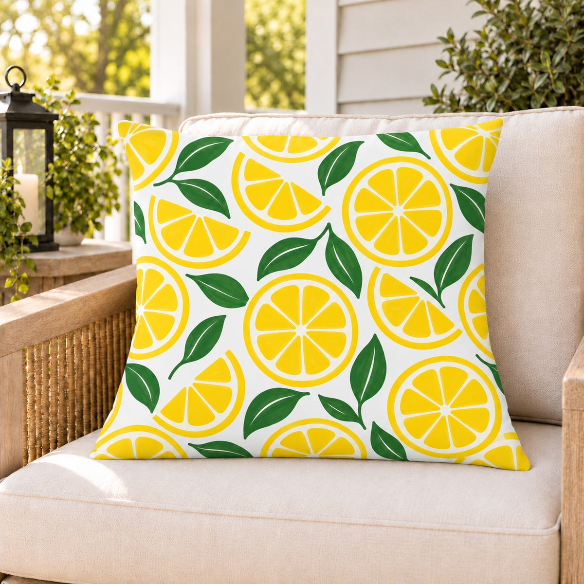 Yellow lemon citrus outdoor pillow on a rattan chair on a sunny summer porch