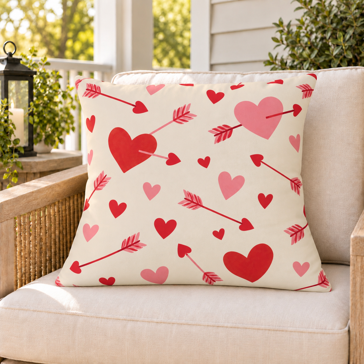 Cupid Arrow Red outdoor pillow on a rattan chair on a sunny summer porch