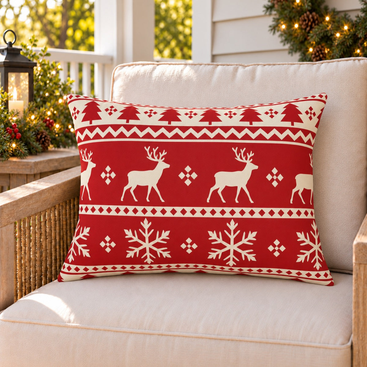 Red fair isle Christmas outdoor lumbar pillow on a rattan chair on a cozy holiday porch decorated with greenery and lights