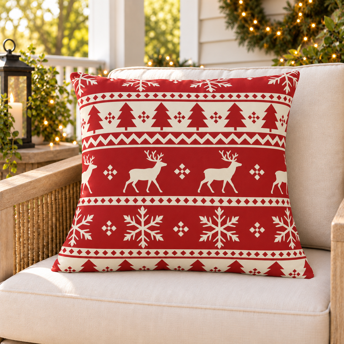 Red fair isle Christmas outdoor pillow on a rattan chair on a cozy holiday porch decorated with greenery and lights