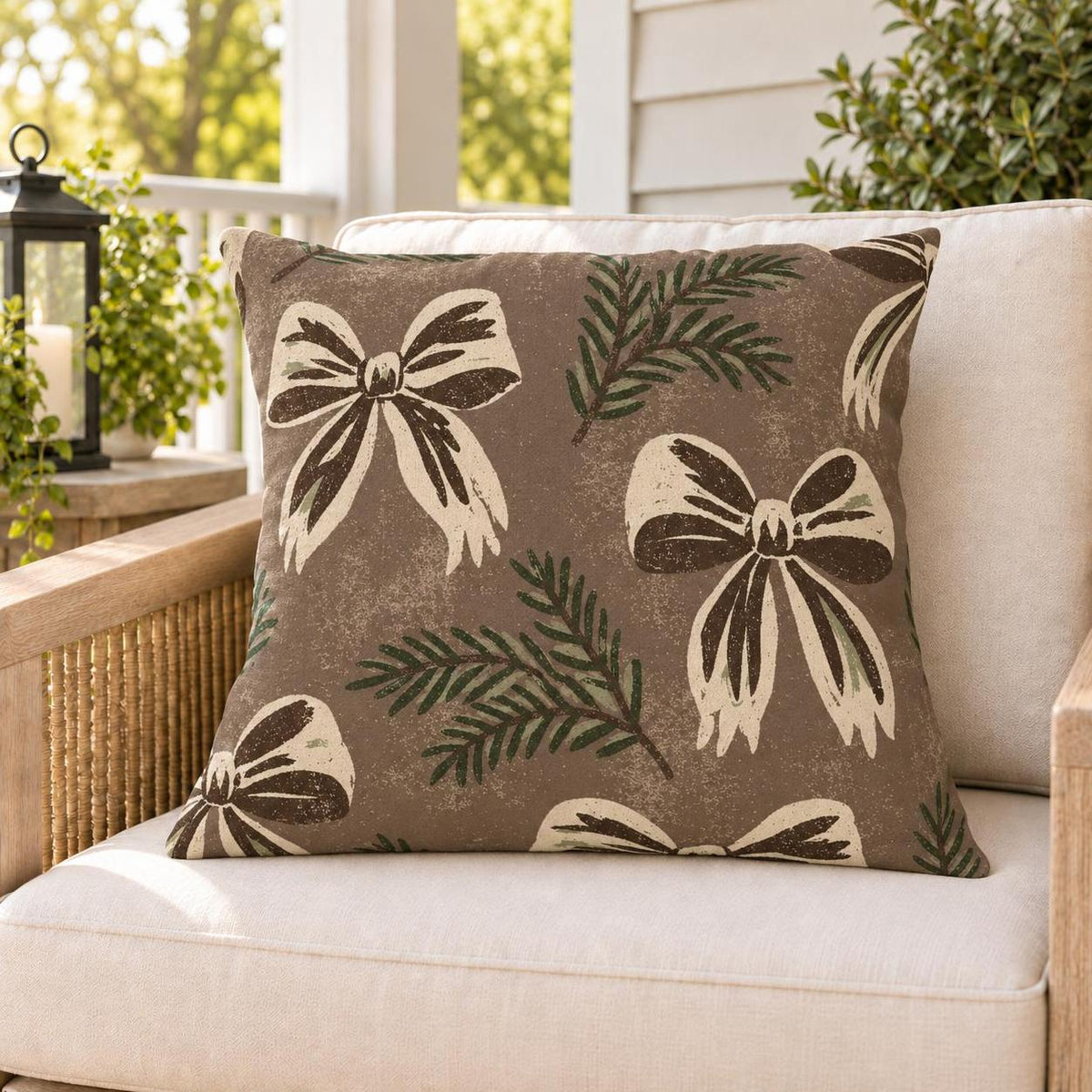Spruce Bow Chocolate Outdoor Pillow