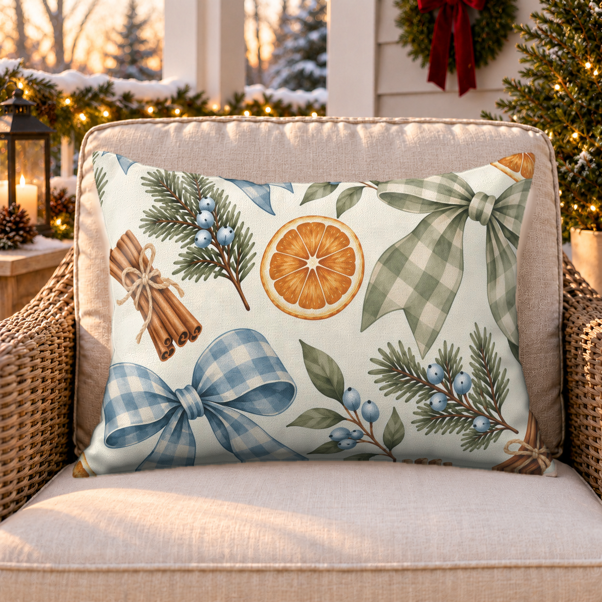 Gingham Bow Blue Outdoor Lumbar Pillow