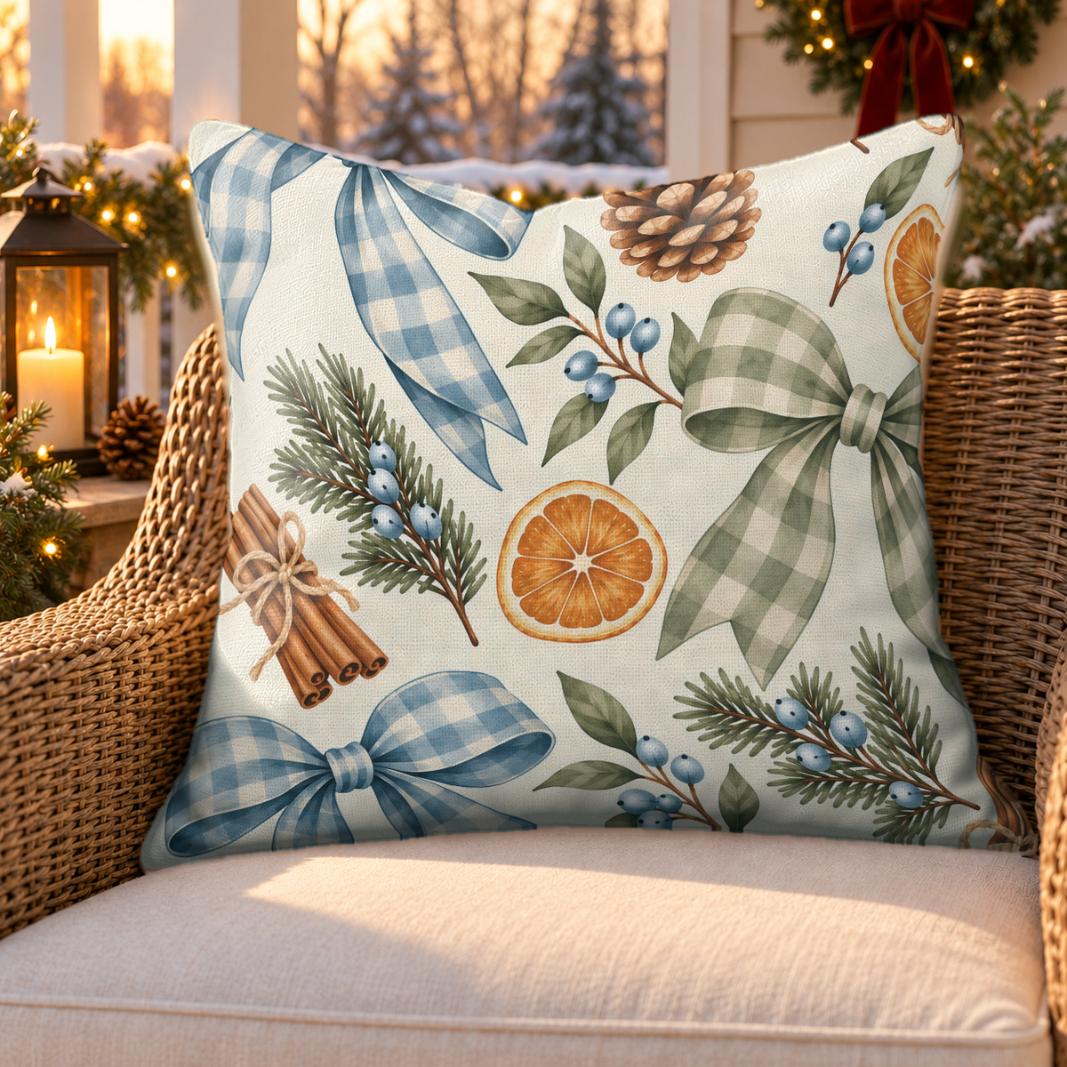 Gingham Bow Blue Outdoor Pillow