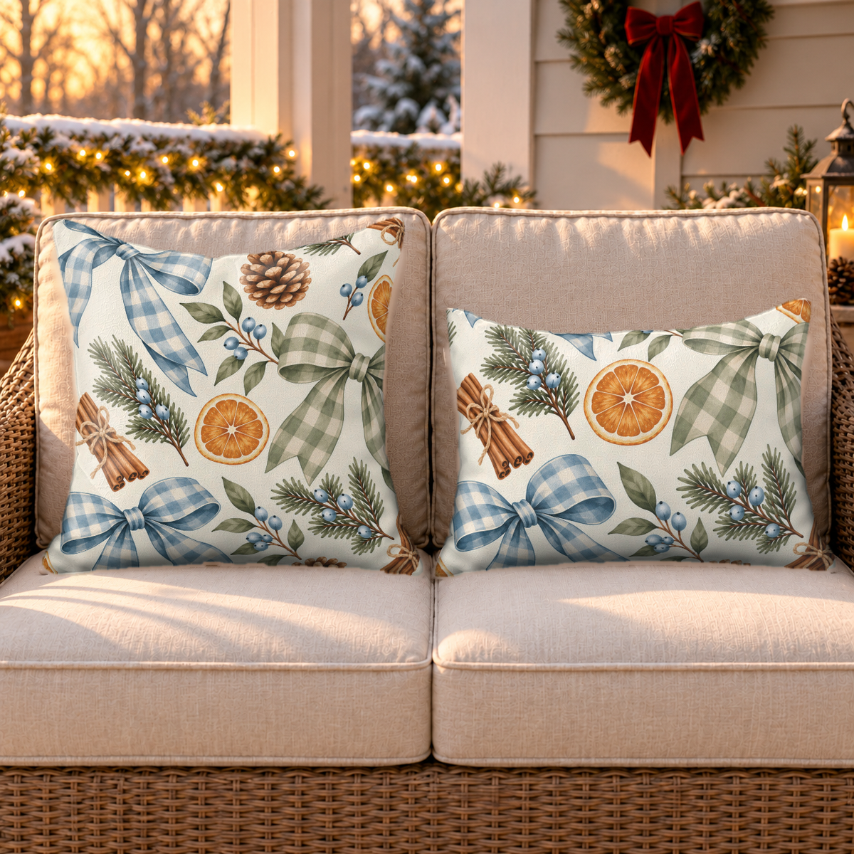 Gingham Bow Blue Outdoor Lumbar Pillow