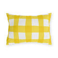 Yellow gingham check outdoor lumbar pillow with hand-painted lemon yellow checks on white