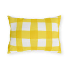 Yellow gingham check outdoor lumbar pillow with hand-painted lemon yellow checks on white