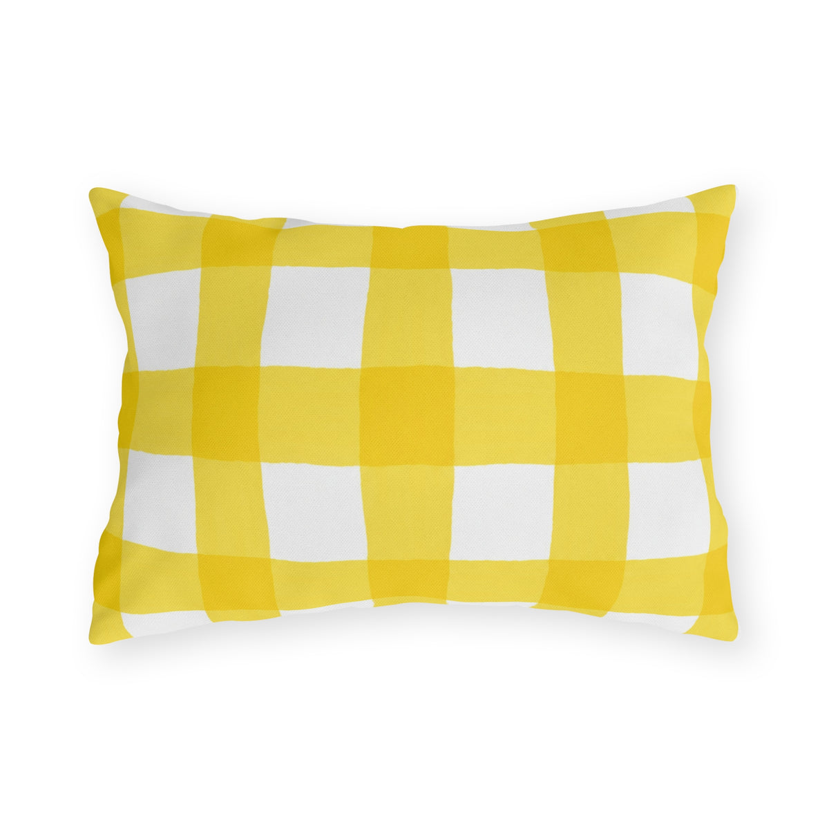 Yellow gingham check outdoor lumbar pillow with hand-painted lemon yellow checks on white