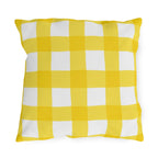 Yellow gingham check outdoor pillow with hand-painted lemon yellow checks on white