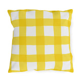 Yellow gingham check outdoor pillow with hand-painted lemon yellow checks on white