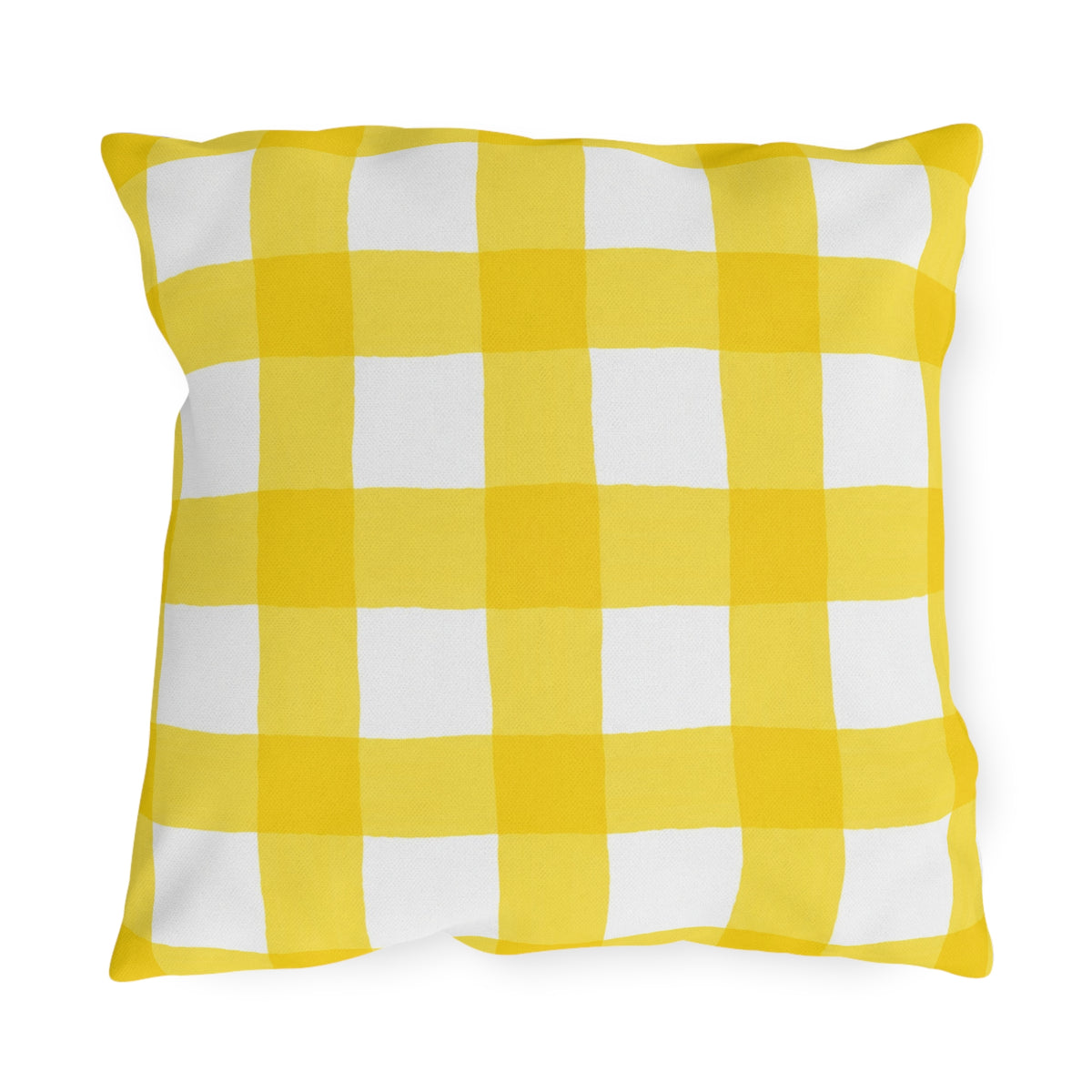 Yellow gingham check outdoor pillow with hand-painted lemon yellow checks on white