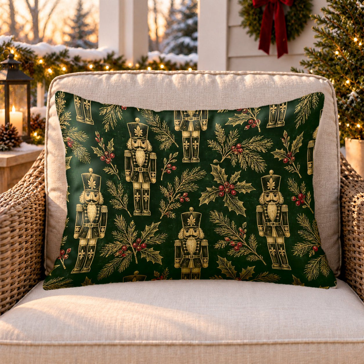 Green and gold nutcracker outdoor lumbar pillow on a rattan chair on a Christmas porch