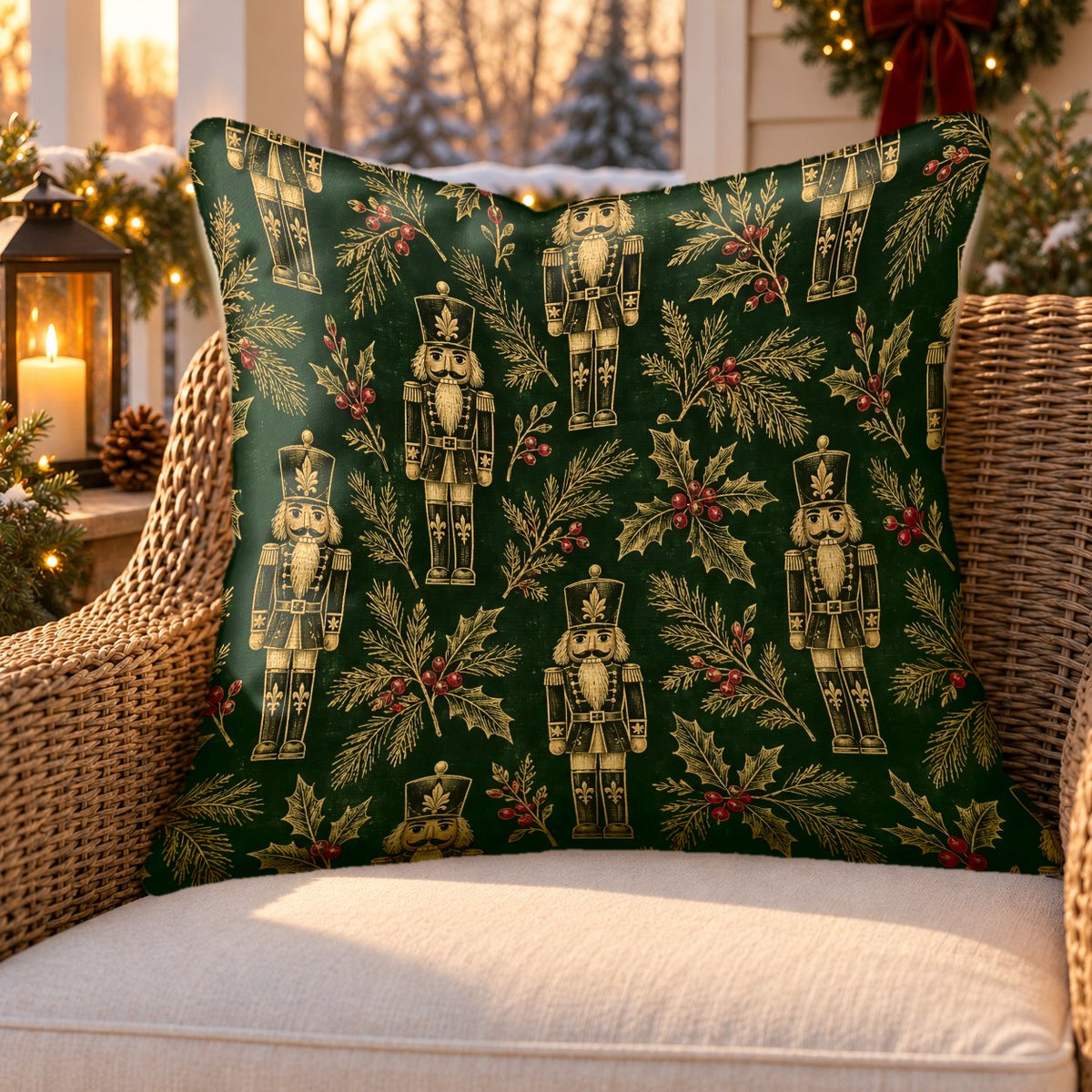 Green and gold nutcracker outdoor pillow on a rattan chair on a Christmas porch