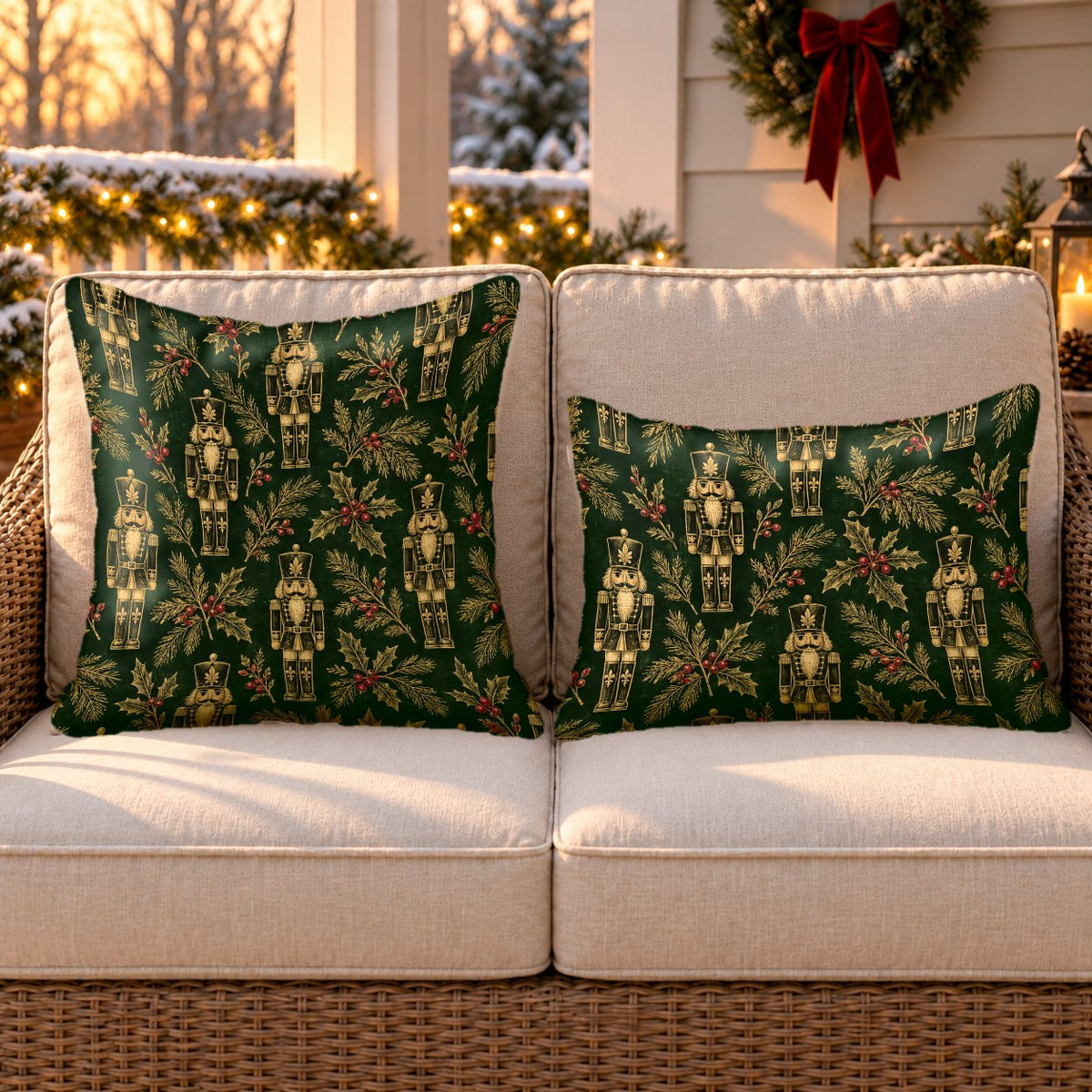 Green and gold nutcracker outdoor pillow and outdoor lumbar pillow styled together as a set on a wicker loveseat for Christmas