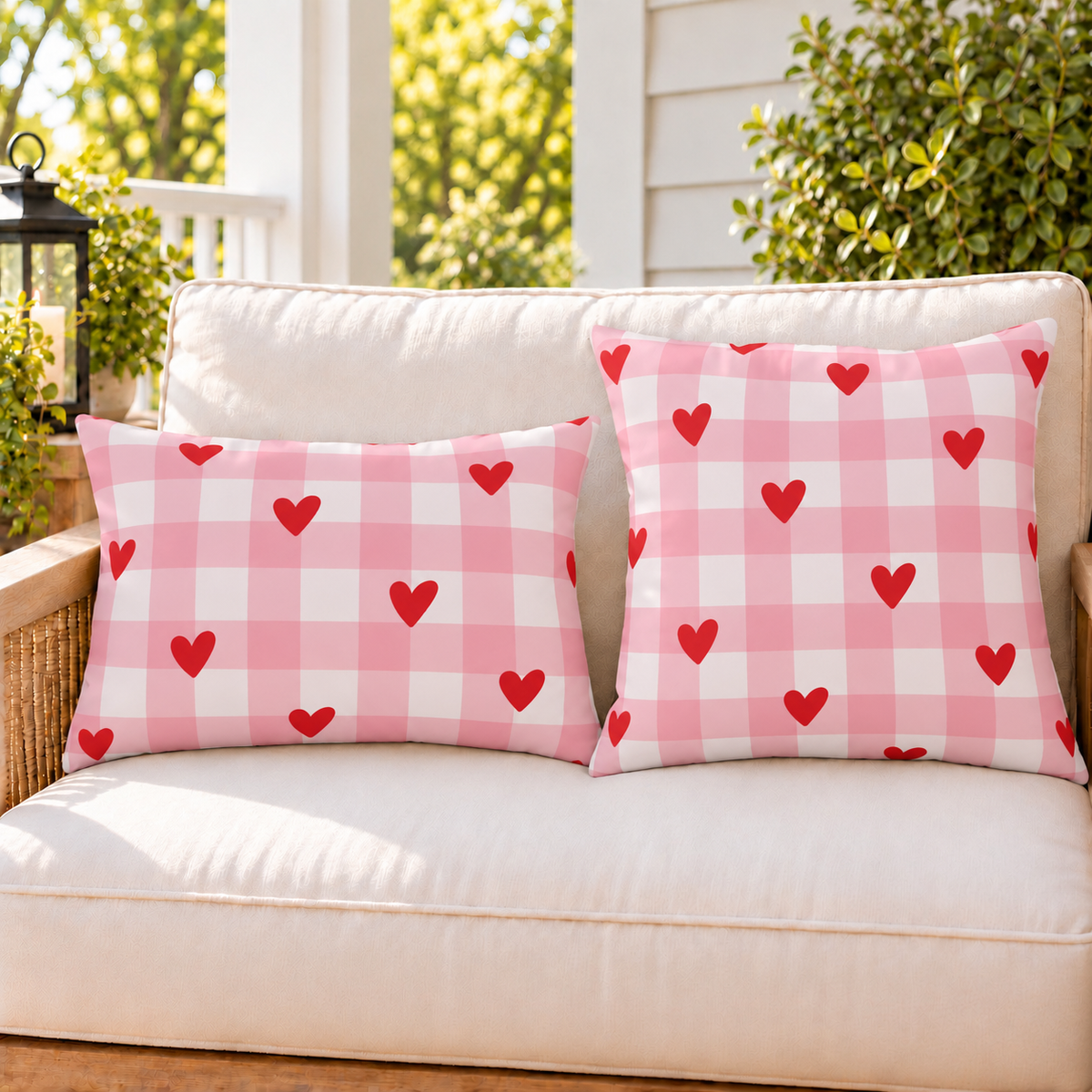 Heart Gingham Pink outdoor pillow and outdoor lumbar pillow styled together as a set on a porch loveseat