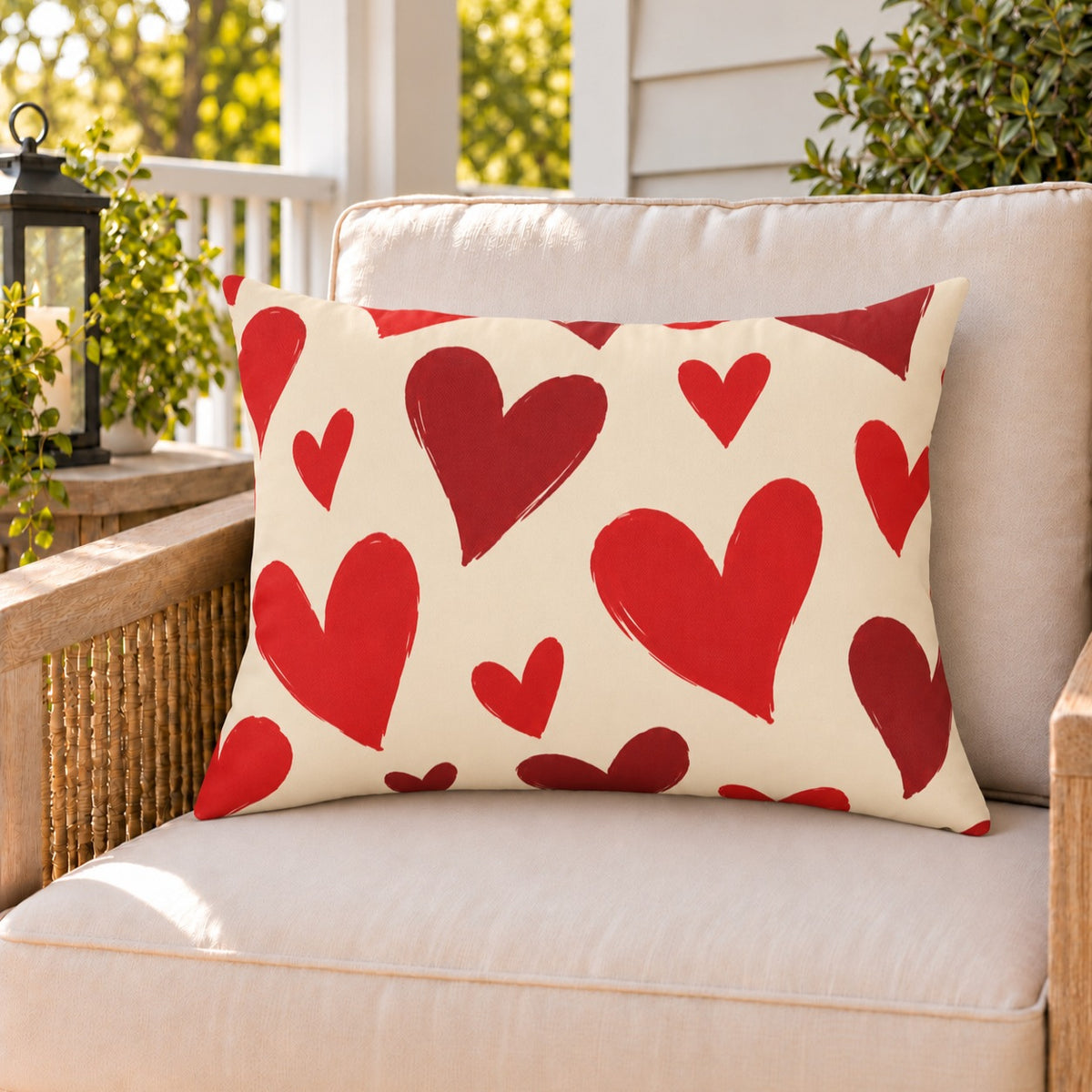 Heart Toss Red outdoor lumbar pillow on a rattan chair on a sunny summer porch