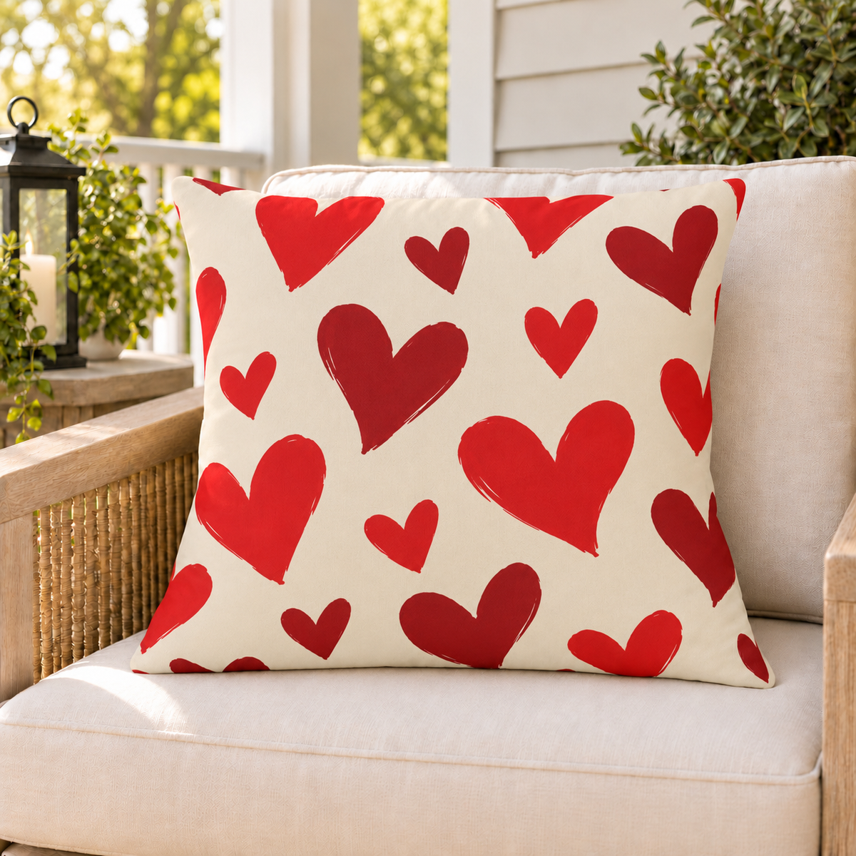 Heart Toss Red outdoor pillow on a rattan chair on a sunny summer porch