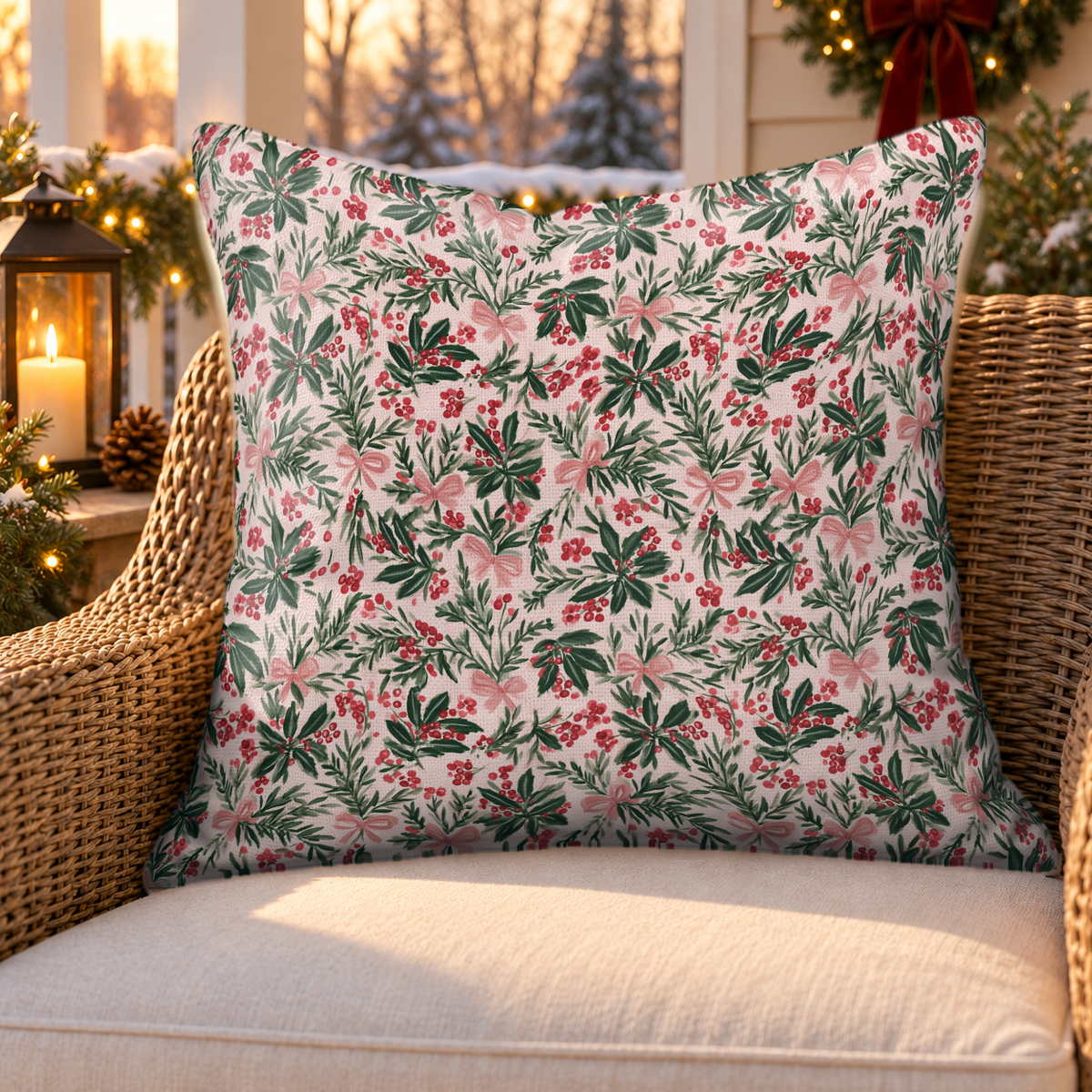 Holly Berry Blush Outdoor Pillow