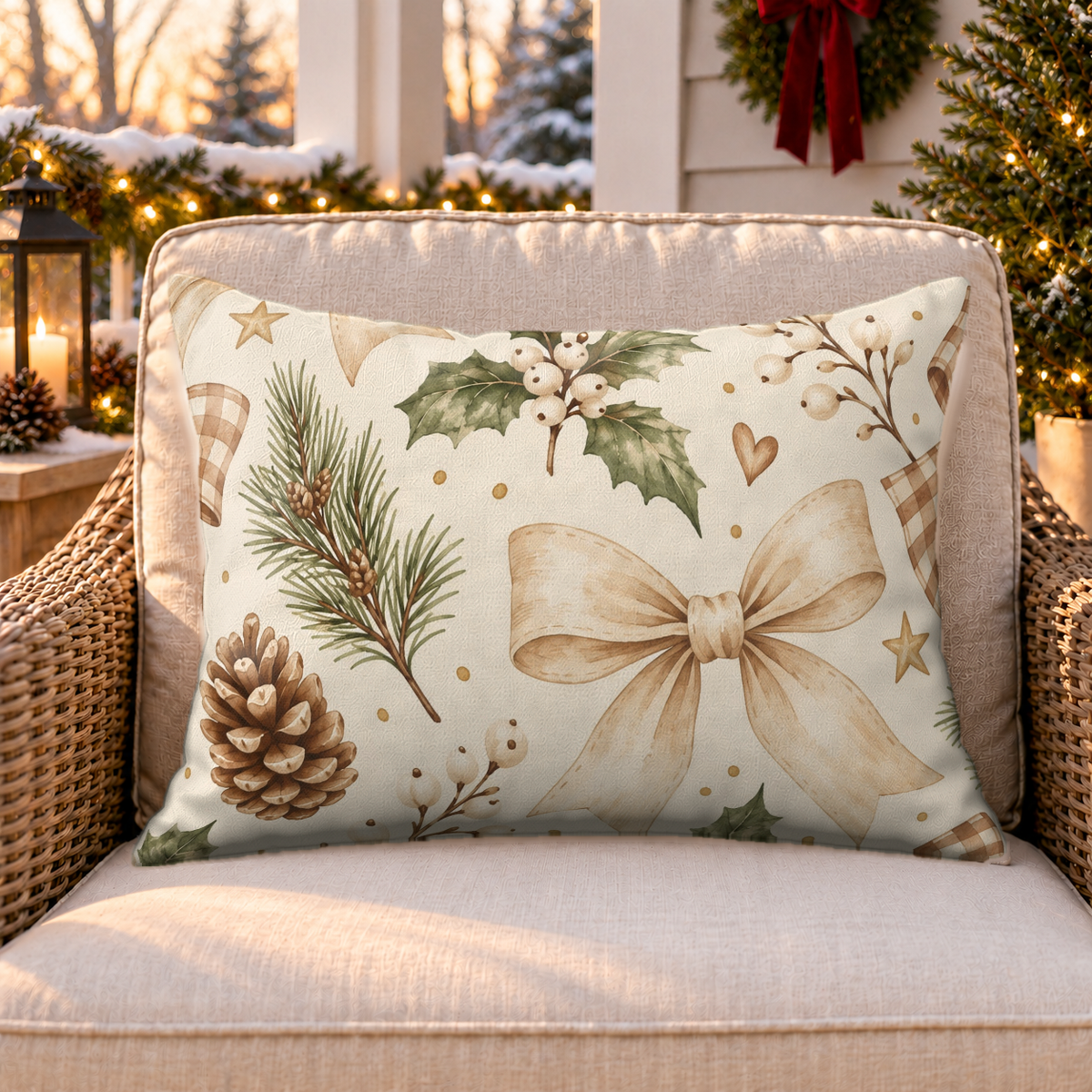 Holly Bow Cream Outdoor Lumbar Pillow