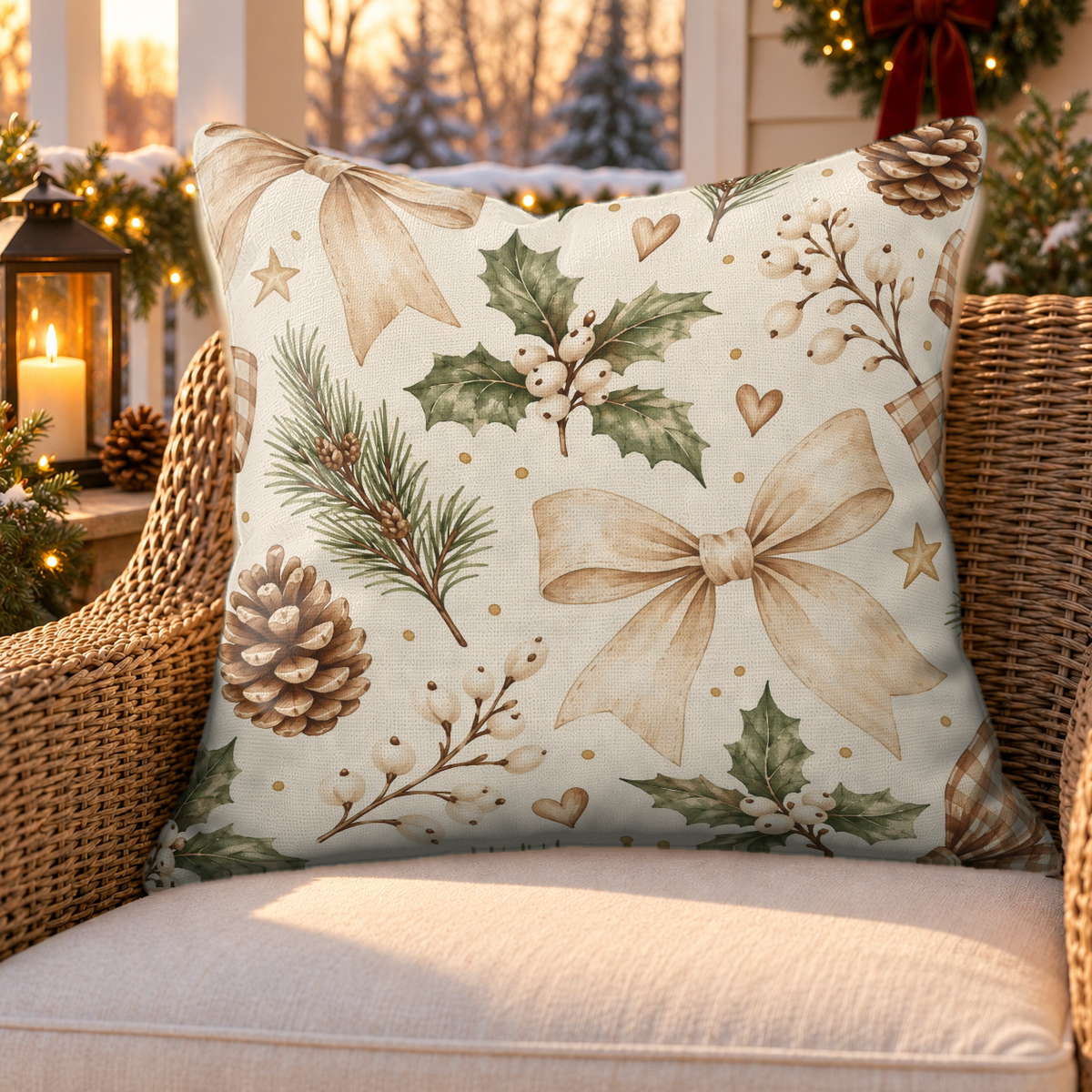 Holly Bow Cream Outdoor Pillow