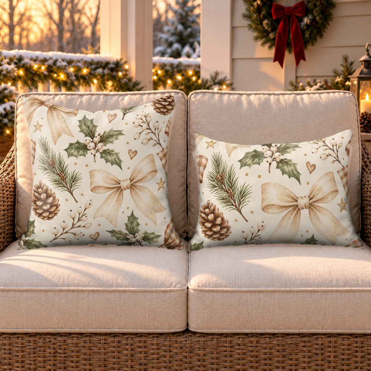 Holly Bow Cream Outdoor Lumbar Pillow