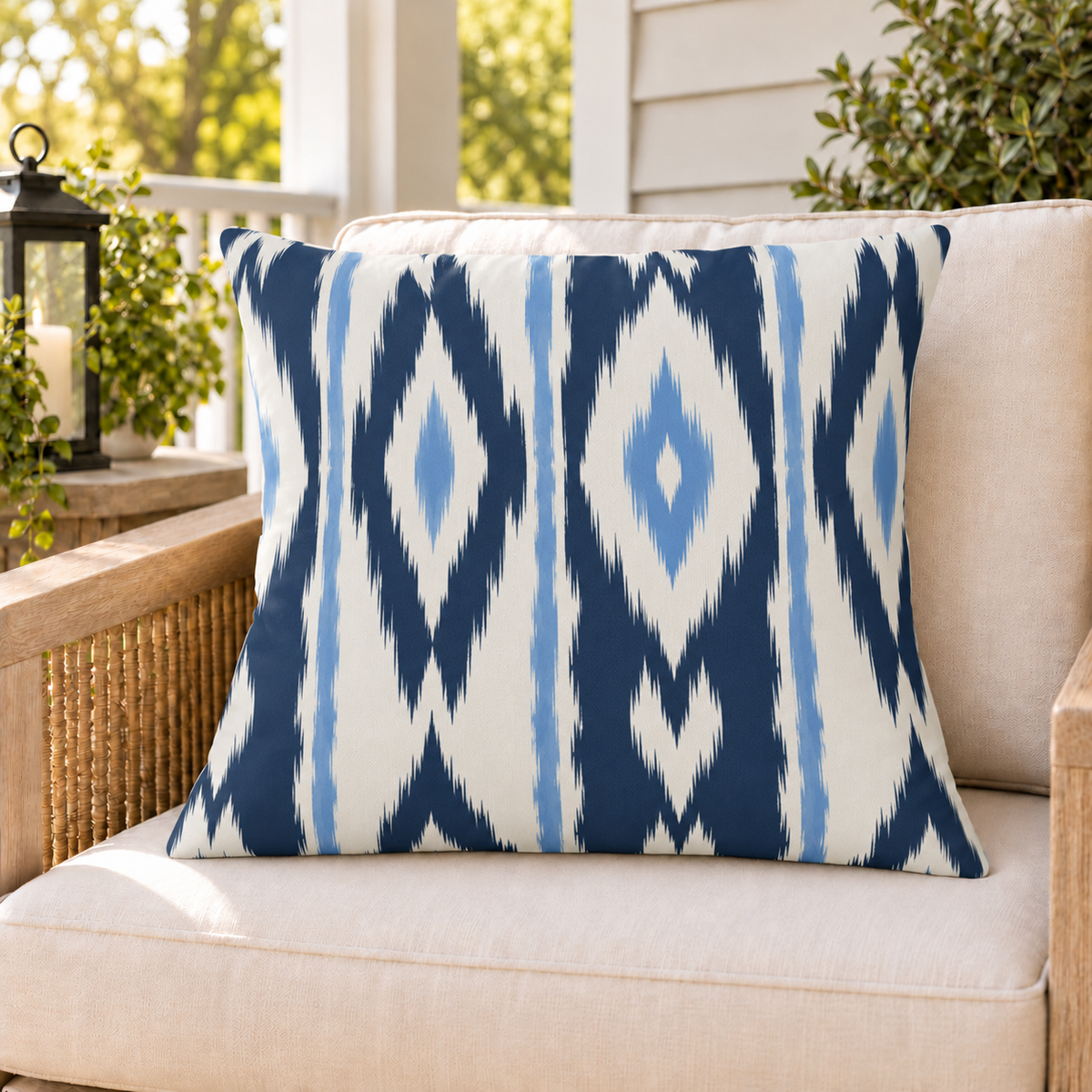 Navy and white ikat stripe outdoor pillow on a rattan chair on a sunny summer porch