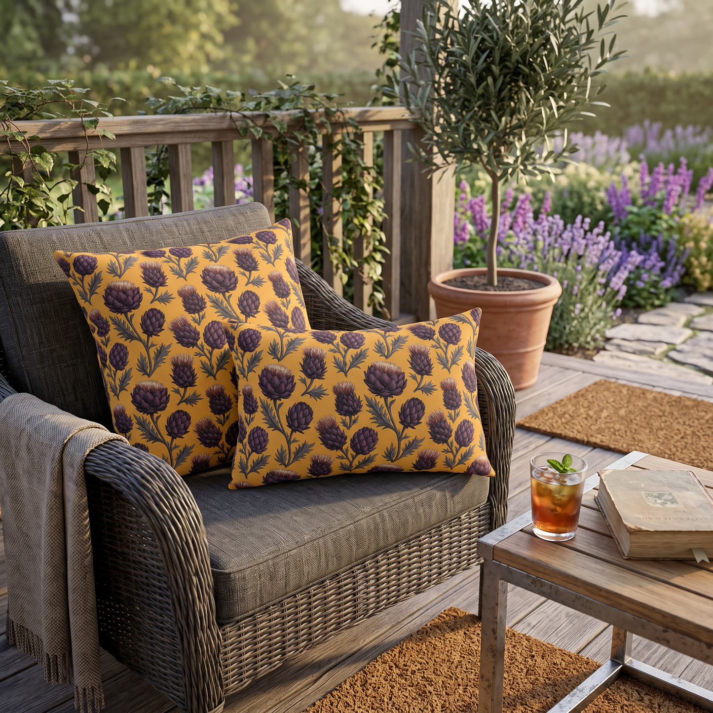 Deep plum artichoke thistles on warm ochre outdoor pillow