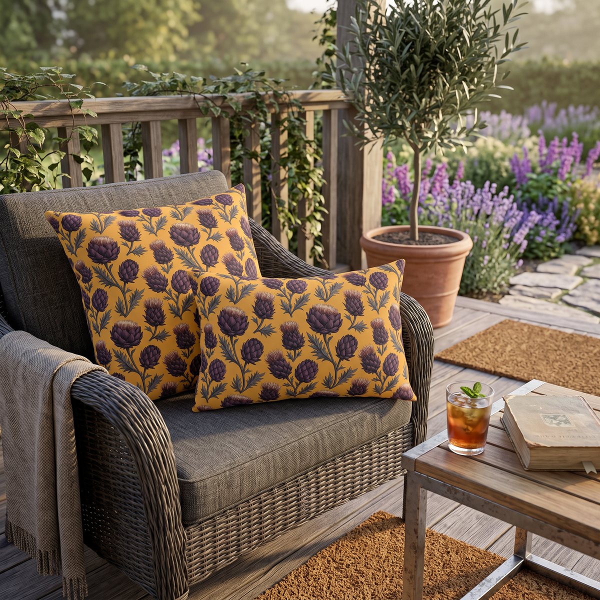 Deep plum artichoke thistles on warm ochre outdoor pillow