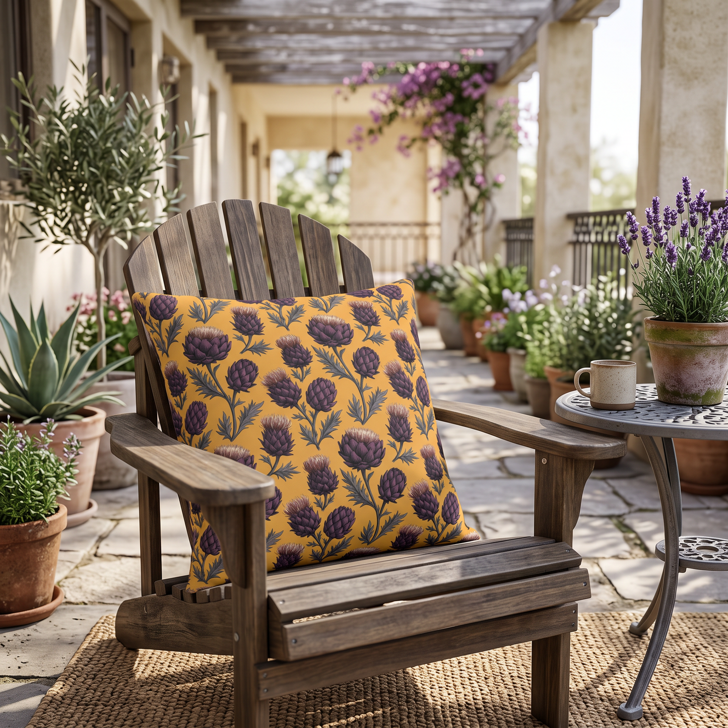 Deep plum artichoke thistles on warm ochre outdoor pillow