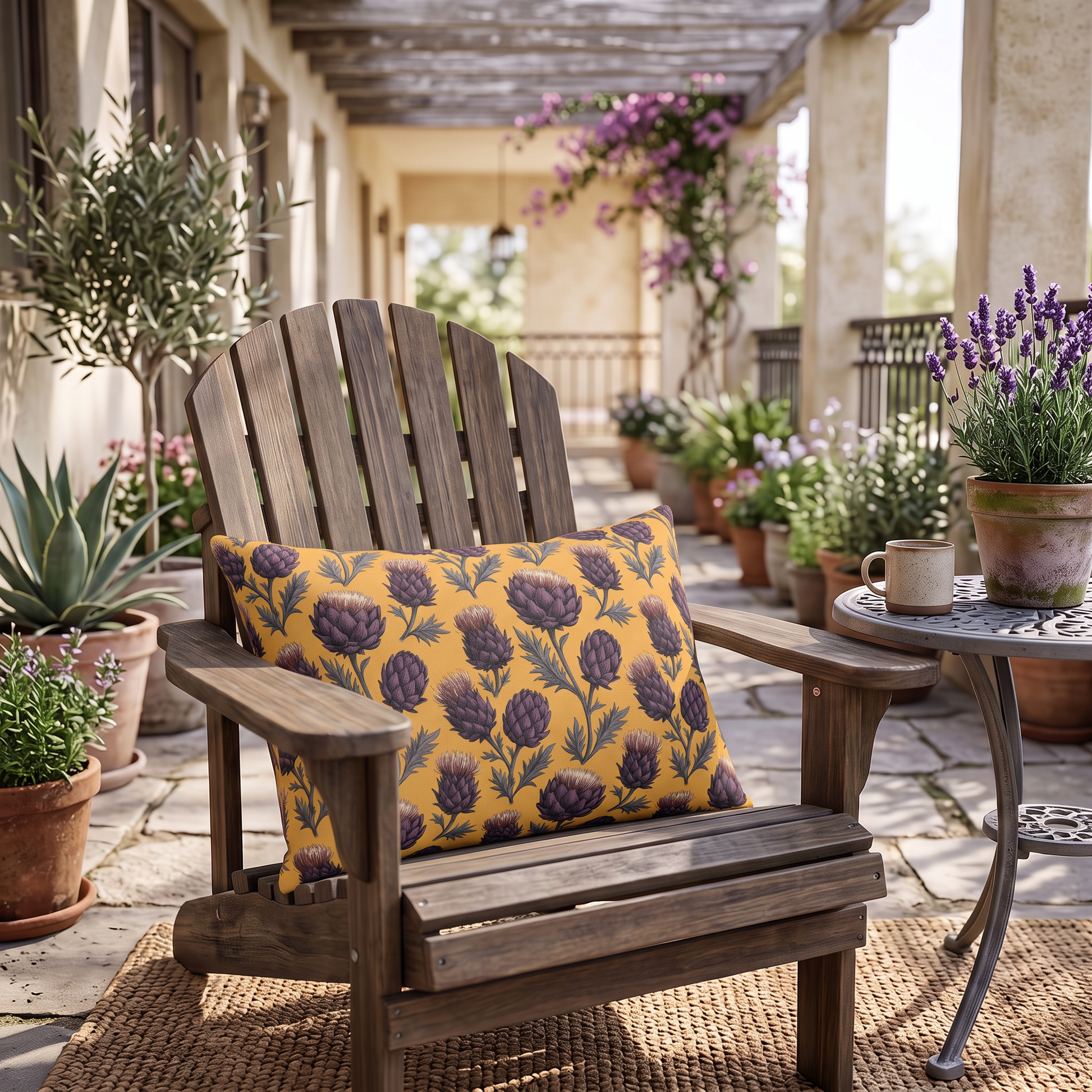 Deep plum artichoke thistles on warm ochre outdoor lumbar pillow