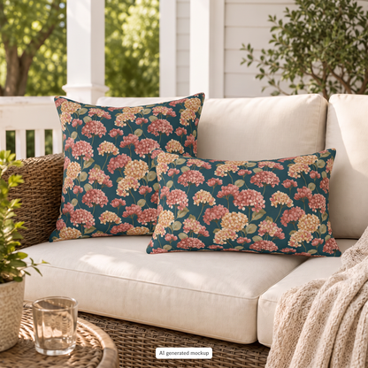 Pink and cream hydrangeas on deep teal outdoor pillow