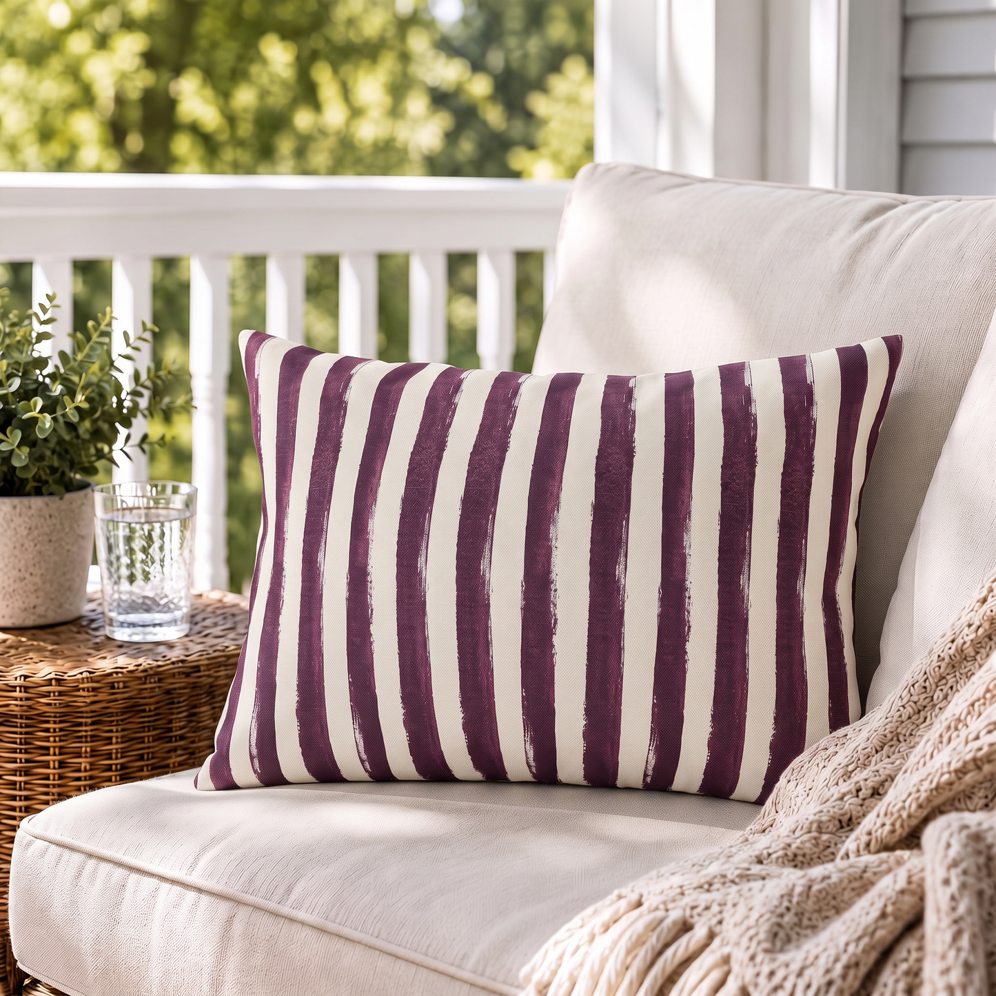 Hand-painted plum and cream stripe outdoor lumbar pillow