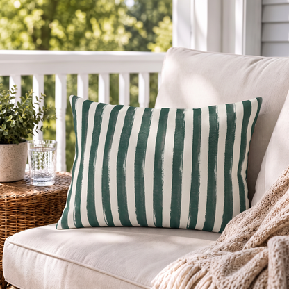Hand-painted forest green and cream stripe outdoor lumbar pillow
