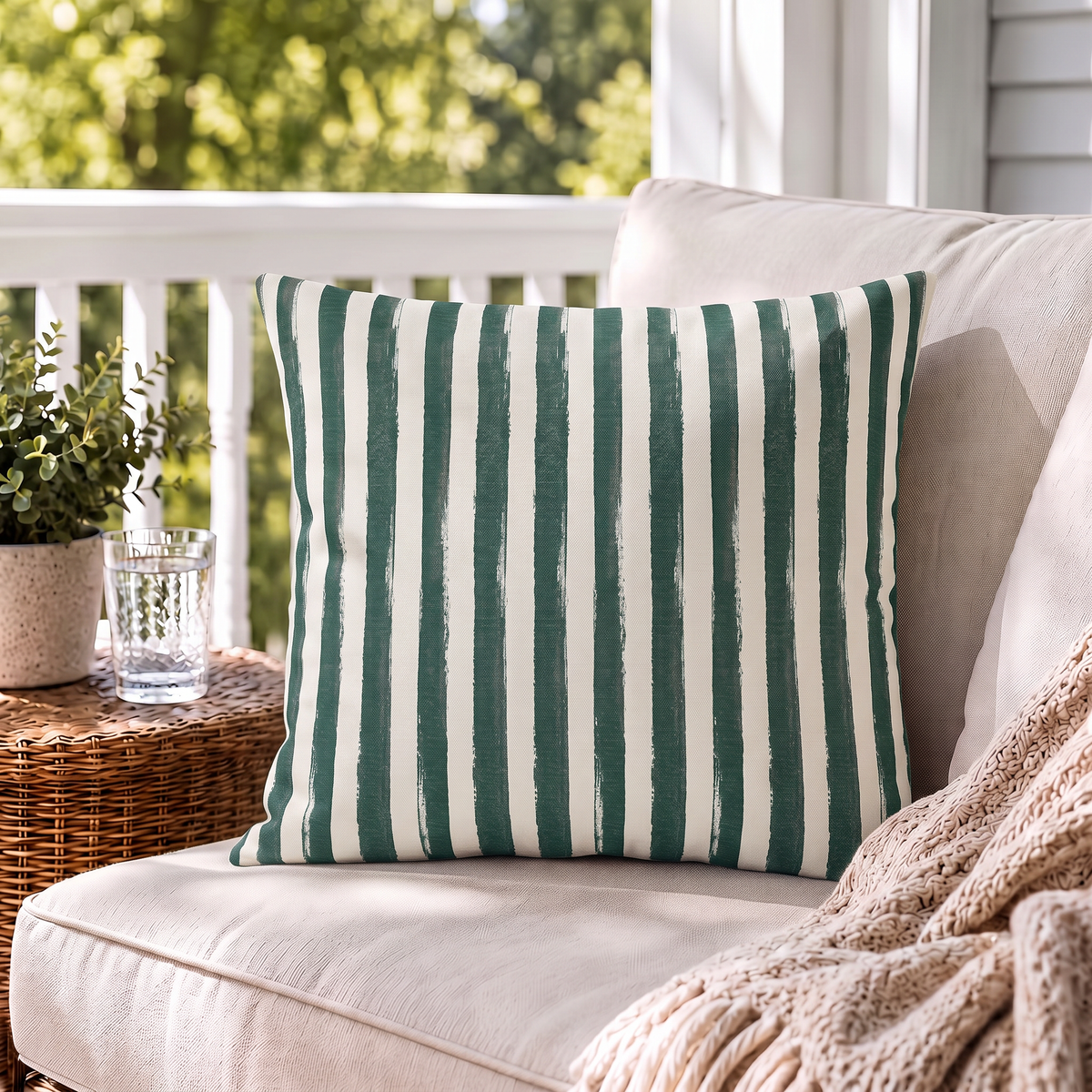 Hand-painted forest green and cream vertical stripe outdoor pillow