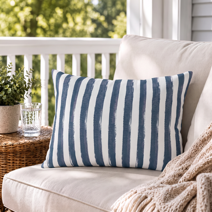Hand-painted navy and white stripe outdoor lumbar pillow