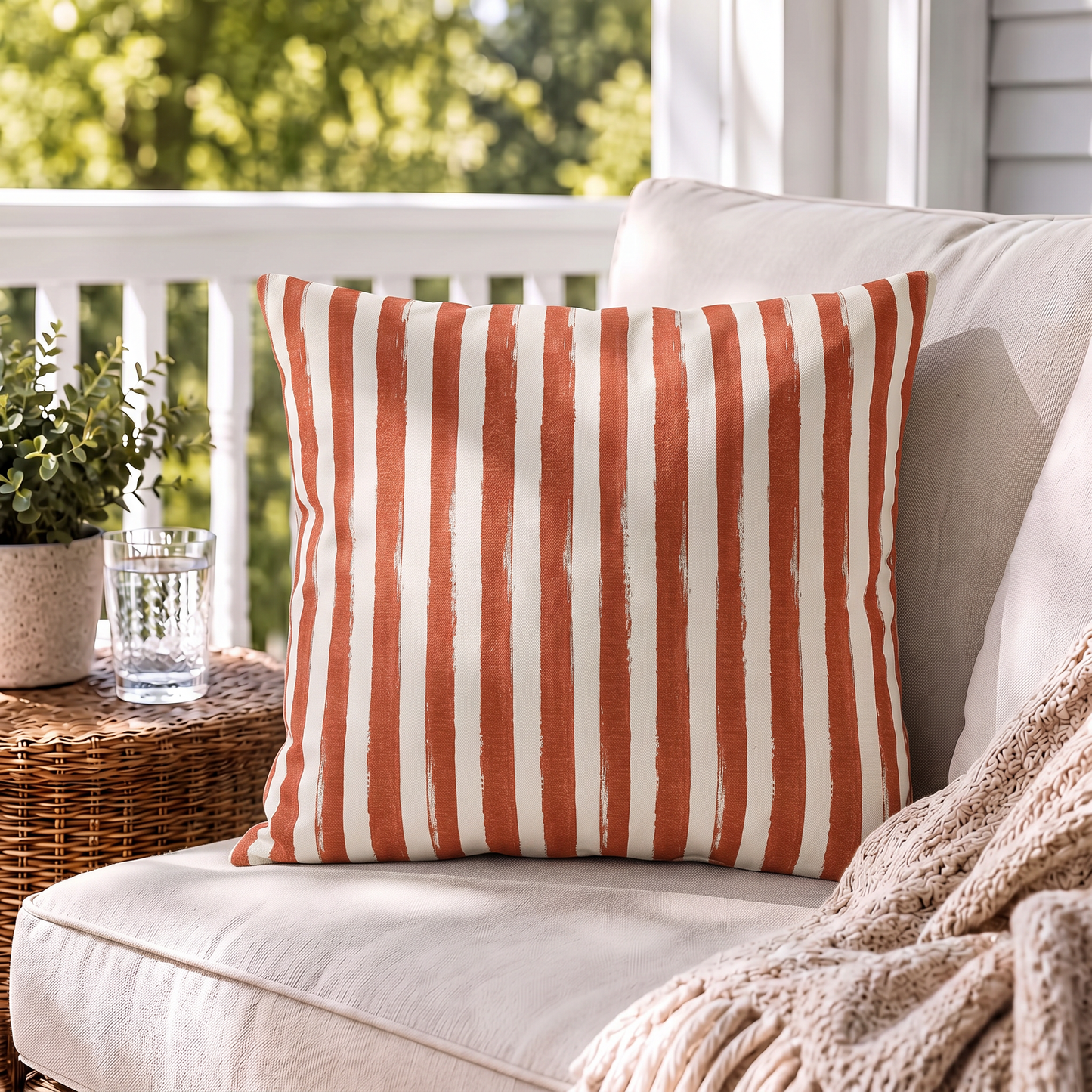 Hand-painted rust terracotta and cream vertical stripe outdoor pillow
