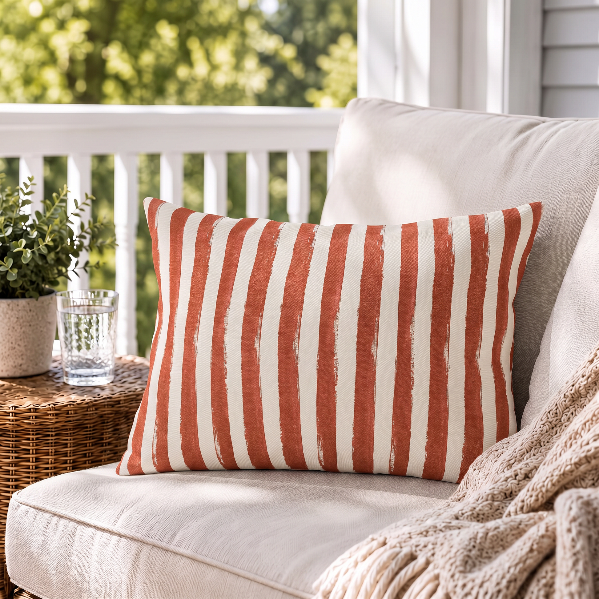 Hand-painted rust terracotta and cream stripe outdoor lumbar pillow