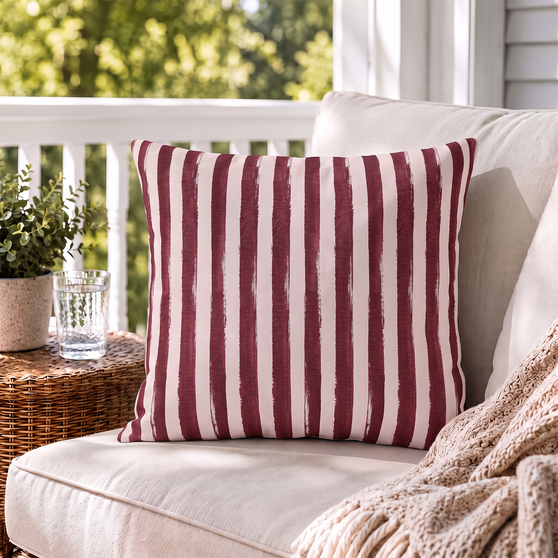 Hand-painted wine red and blush pink vertical stripe outdoor pillow